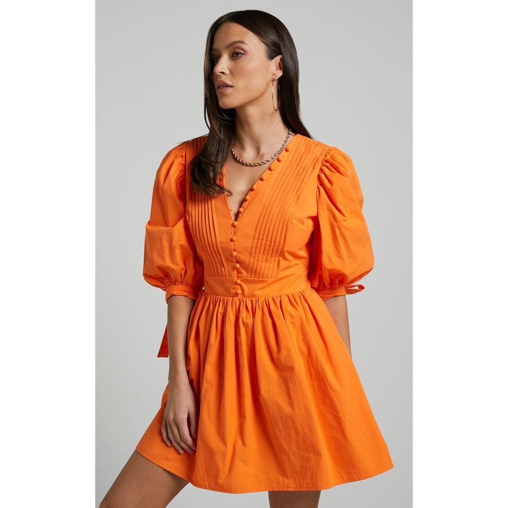 Showpo Zandra Mini Dress Size 8 Orange Puff Sleeve Cotton Poplin Vibrant Bright - Picture 8 of 15